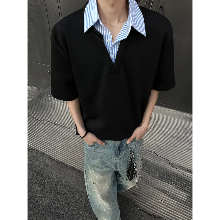 cleanfit假两件短袖男夏季内搭美式复古重磅正肩t恤衬衫领polo衫