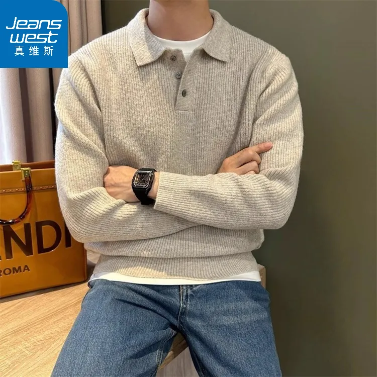 真维斯男装秋冬季纯色套头长袖简约翻领毛衣韩版慵懒风休闲针织衫