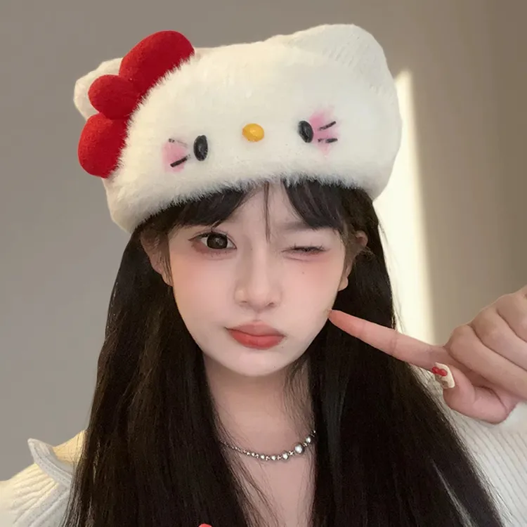 【吐司】可爱蝴蝶结kt猫毛绒帽子女秋冬甜美保暖贝雷帽软妹画家帽