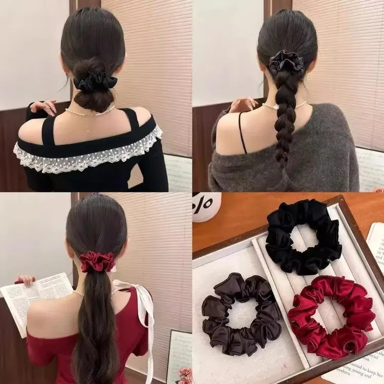 韩系缎面褶皱压边面膜花苞小肠发圈法式简约黑色低丸子头发绳头绳