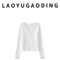 【LAOYUGAODING】高品质-8521法式别致蕾丝花边V领长袖显瘦打底衫