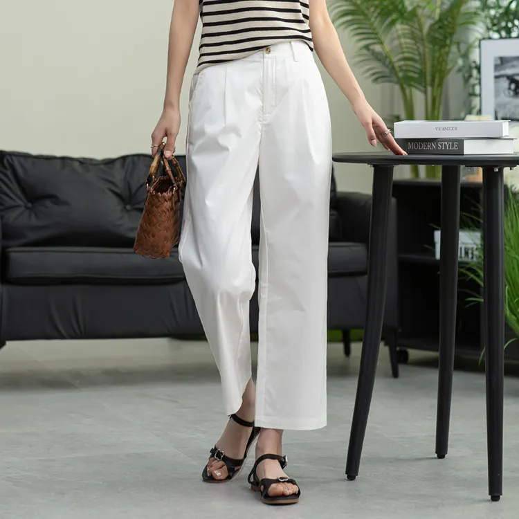 白色直筒休闲裤女小个子裤子夏季薄款棉混纺冰丝女裤九分裤直筒裤