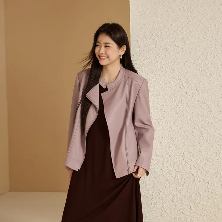 【罗马假日】纤莉秀W大码女装流光风复古立领皮衣短款外套QK3610