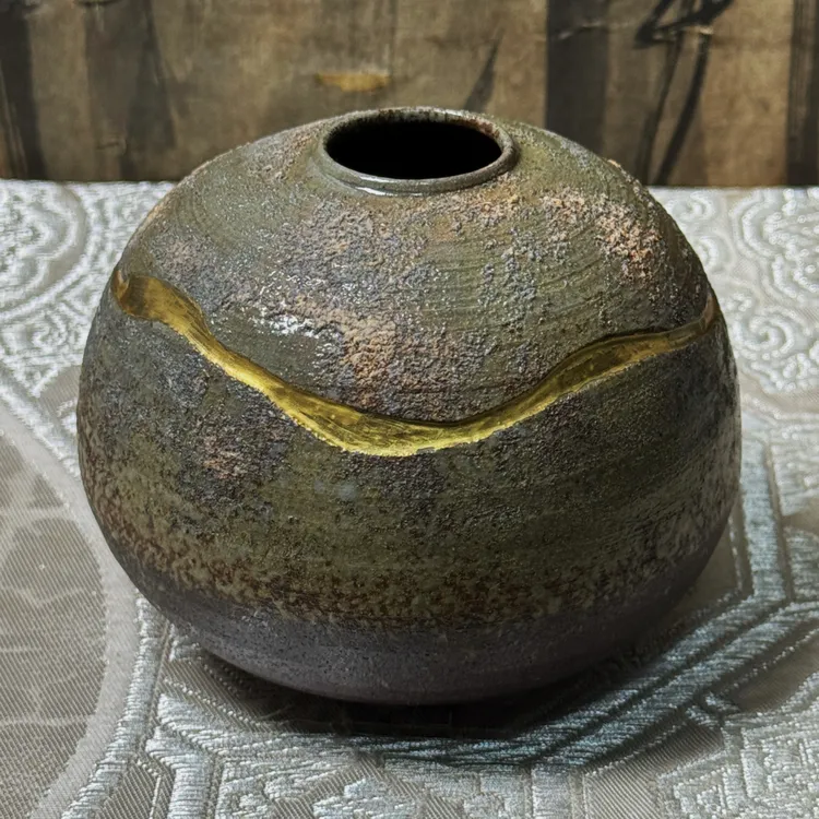 松田忠敏·日本作家器· 灰釉金彩·轻奢自然·柴烧·壶·花器·摆件