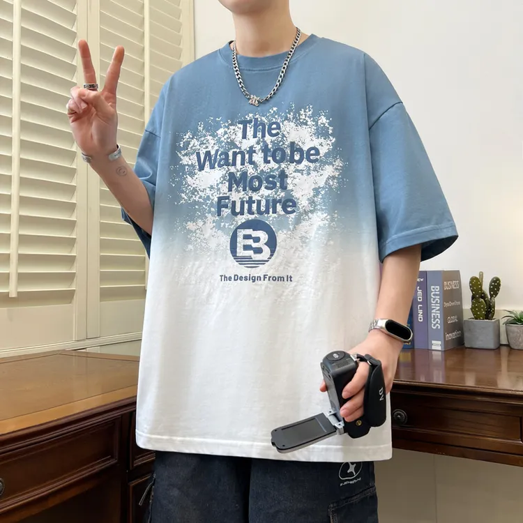 夏季新款渐变男士短袖T恤港风时尚潮流学院风百搭青少年学生半袖