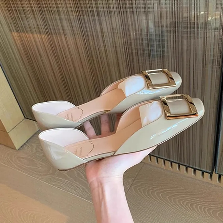浅口单鞋女2025新款春夏季漆皮rv方扣法式气质中空方头奶奶平底鞋