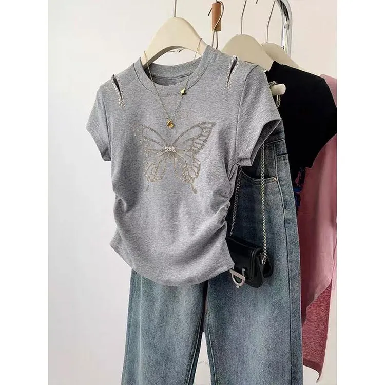 露肩蝴蝶烫钻短袖t恤女夏季2025新款时尚百搭气质显瘦修身上衣女