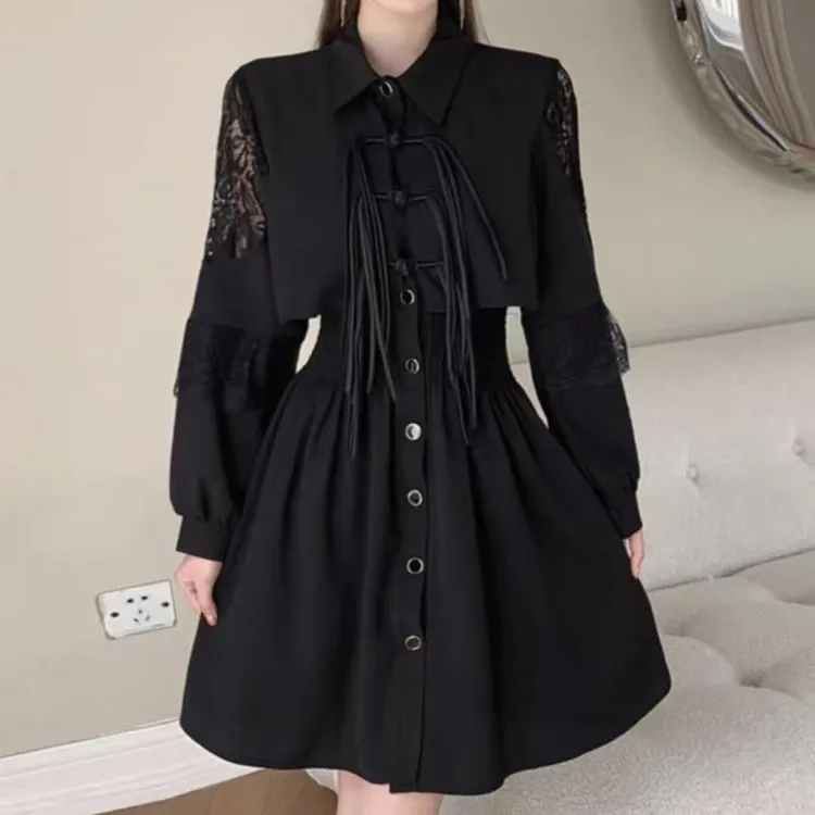 微胖mm大码公主收腰显瘦小黑裙新中式减龄洋气加大女装连衣裙9099