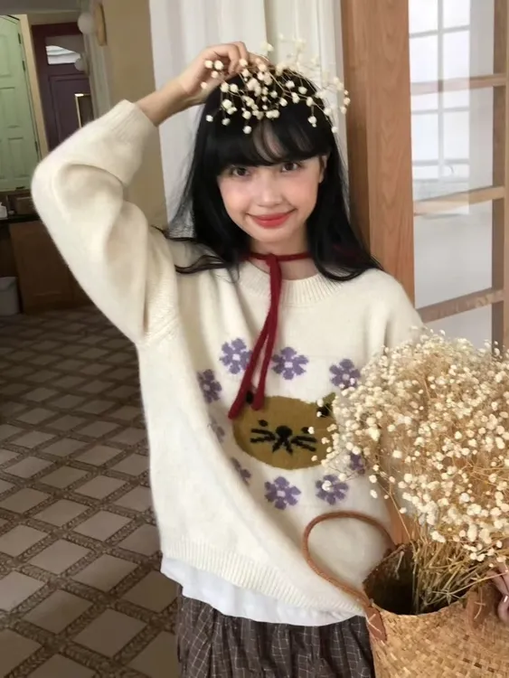 羊毛慵懒风薄款猫咪通勤提花针织衫套头针织衫美式可爱复古嘻哈风