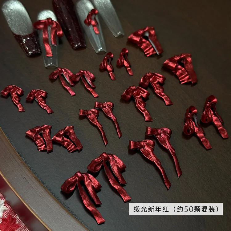 网红爆款成品软胶珠光波点蝴蝶结饰品新款绸缎白色长丝带指甲装饰