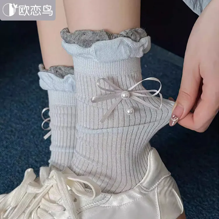 欧恋鸟蝴蝶结珍珠袜子女春夏季薄款甜美日系堆堆袜花边减龄中筒袜