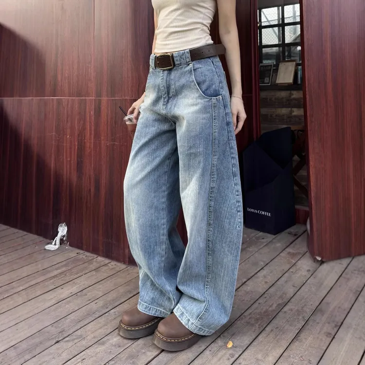 美式复古宽松直筒弯刀牛仔裤女秋冬高腰阔腿运动街头cleanfit长裤