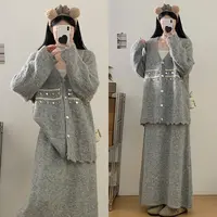 MO88ZSPF大码慵懒V领亮片灰色毛衣外套外穿针织开衫+半身裙套装