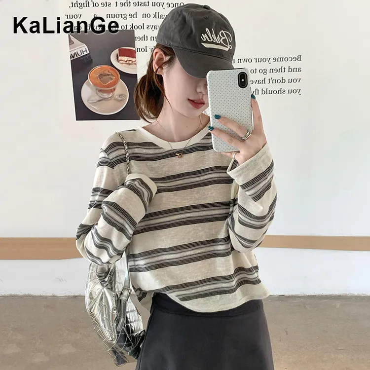 卡莲格/慵懒风条纹撞色长袖T恤女早秋新款胖mm宽松百搭打底衫上衣