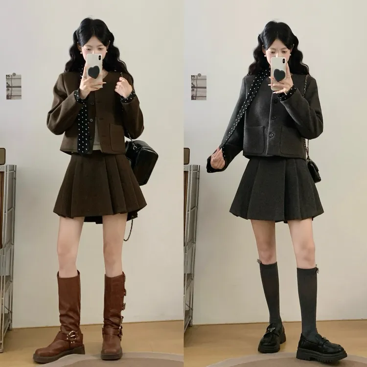 大码女装秋季新款小香风波点飘带毛呢外套百褶裙两件套女