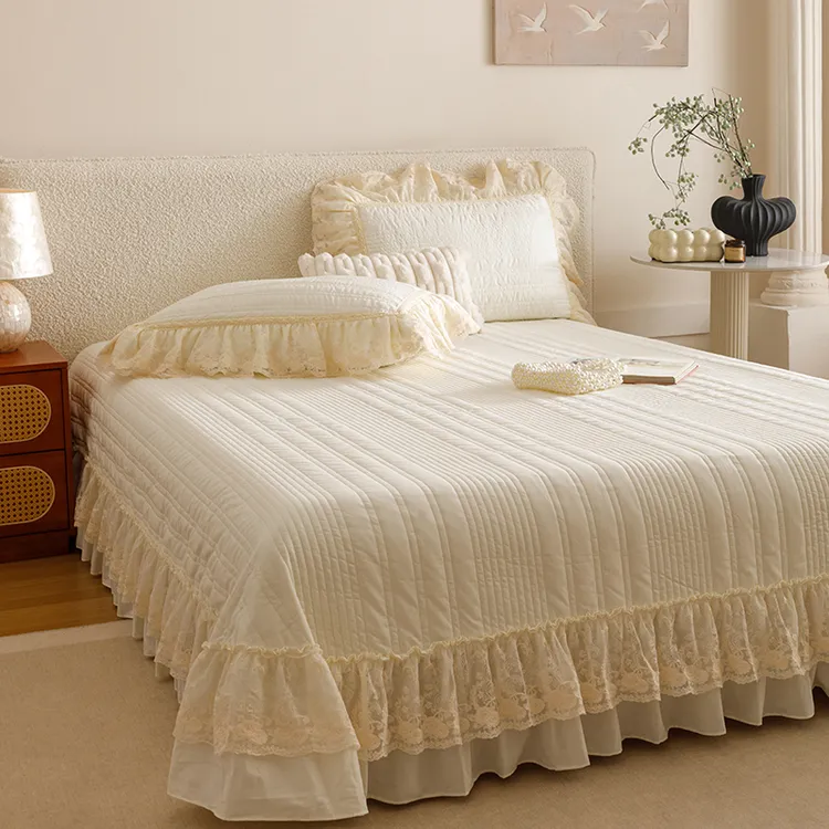 法式全棉色织水洗棉绗缝床盖四季通用公主风纯棉花边床单厚大尺寸