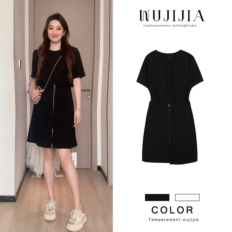 五季家夏季显瘦气质黑色设计感连衣裙裙子大码女装思思ZL110094