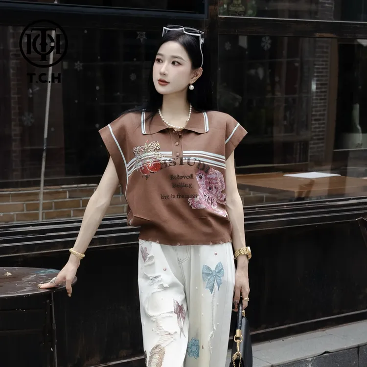 TCH烫钻工艺时尚休闲百搭气质针织T恤女T75B09E5058轻奢tch