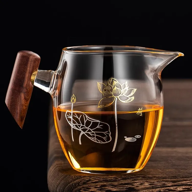 加厚耐热木把玻璃公道杯功夫茶过滤分茶器茶漏一体高档茶具零配件
