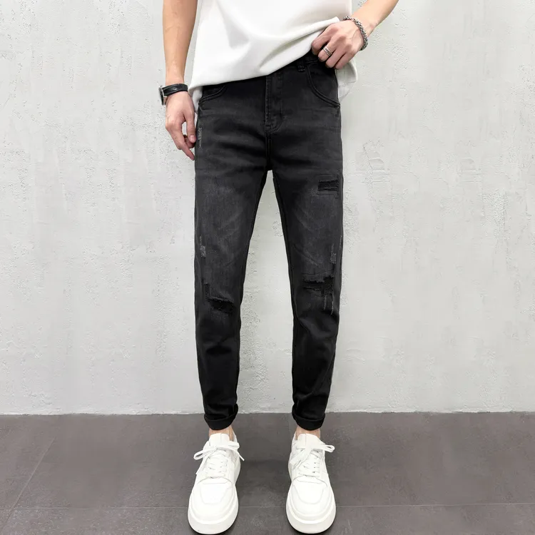 秋冬男款加绒牛仔裤爆款2025新款补丁破洞潮流韩版男士修身小脚裤