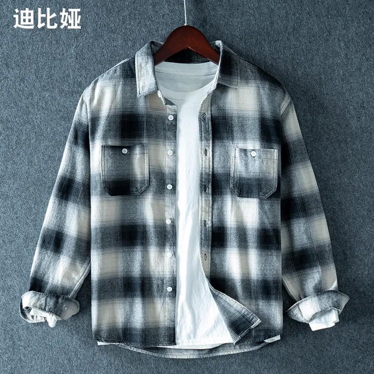 迪比娅日系格子纯棉长袖衬衫男秋季设计感休闲全棉衬衣宽松外套M