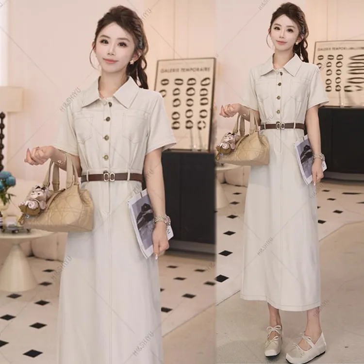 2025夏季POLO领单排扣高腰收腰显瘦中长款连衣裙气质轻奢时尚休闲
