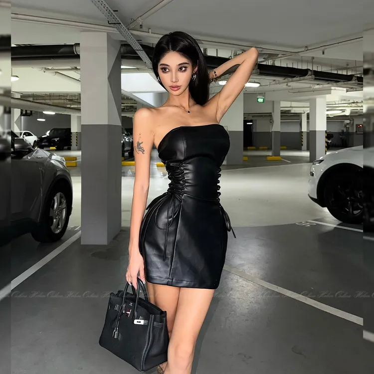 HELEN/酷辣风可拆卸肩带抹胸裙女抽绳绑带性感收腰连衣短皮裙Q608