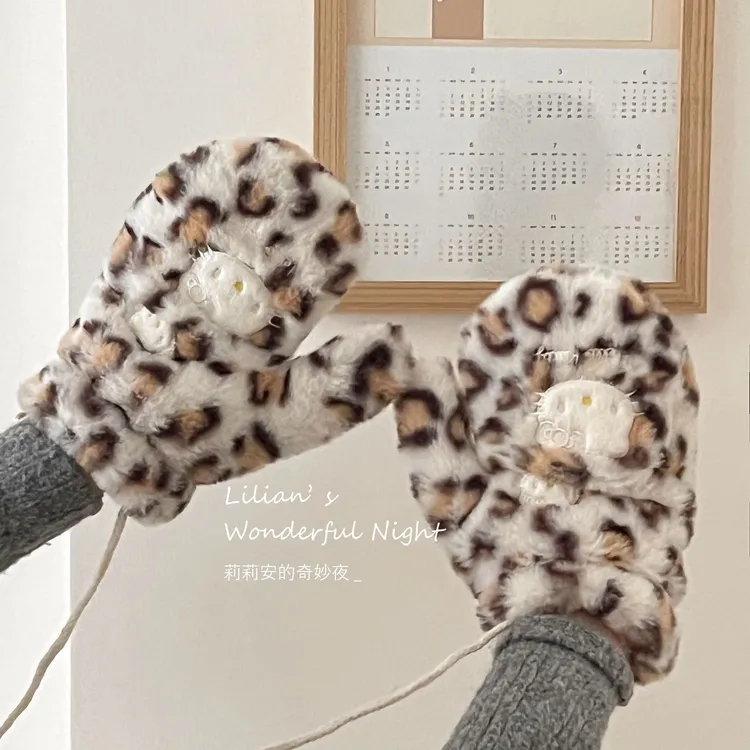 莉莉安棕色豹纹kitty猫全包手套冬季滑雪防冻保暖韩版ins连指手套