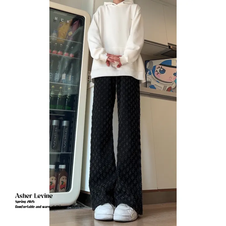 黑色提花满印微喇牛仔裤男美式高街vibe直筒宽松窄版休闲阔腿裤子