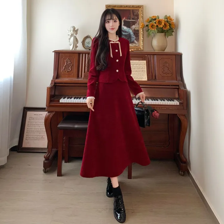 大码法式小香风红色灯芯绒时尚套装裙女秋冬气质显瘦半身裙两件套