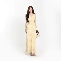 舒胡蕾 黄昏玫瑰 艺术碎花黄玫瑰无袖暗纹印花雪纺长款连衣裙