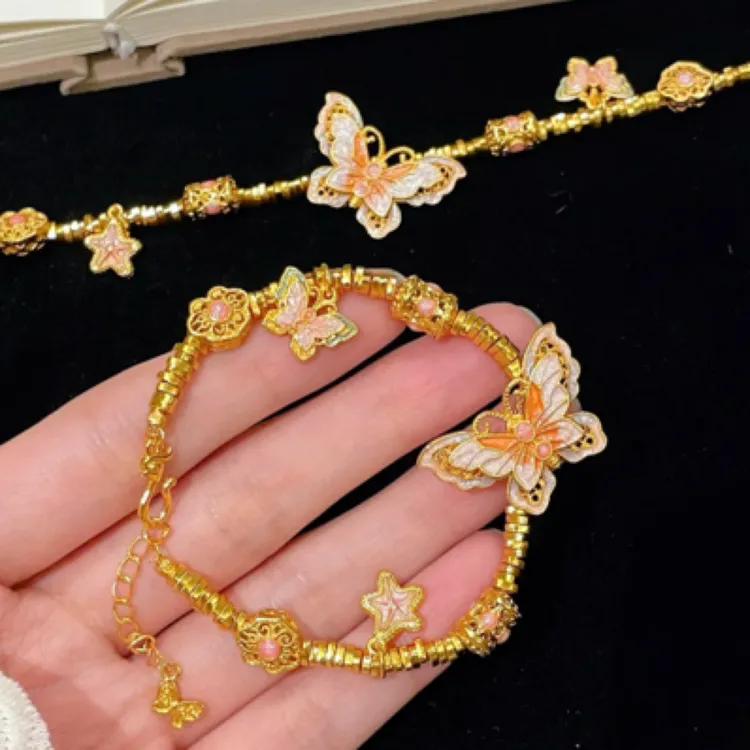 铜合金手链 古法鎏金珐琅烧蓝多巴胺彩色碎碎金蝴蝶手链