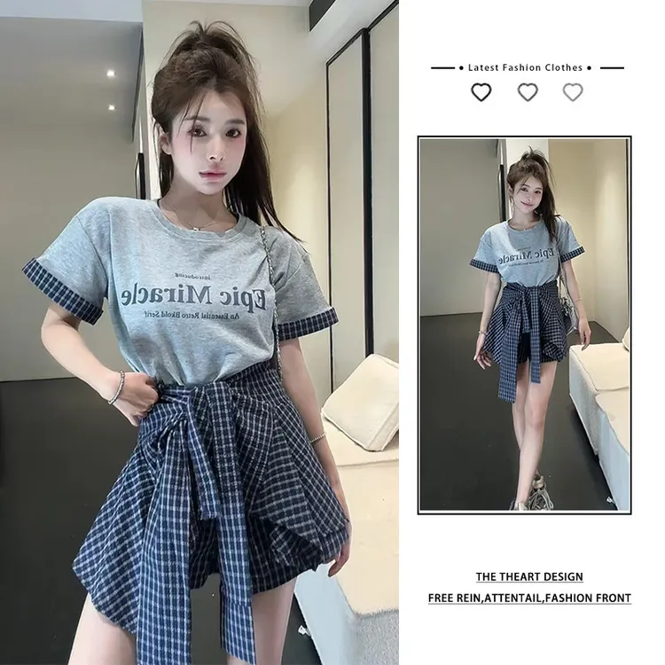 夏季套装女2025新款韩系格子拼接短袖T恤高腰显瘦半身裙裤两件套