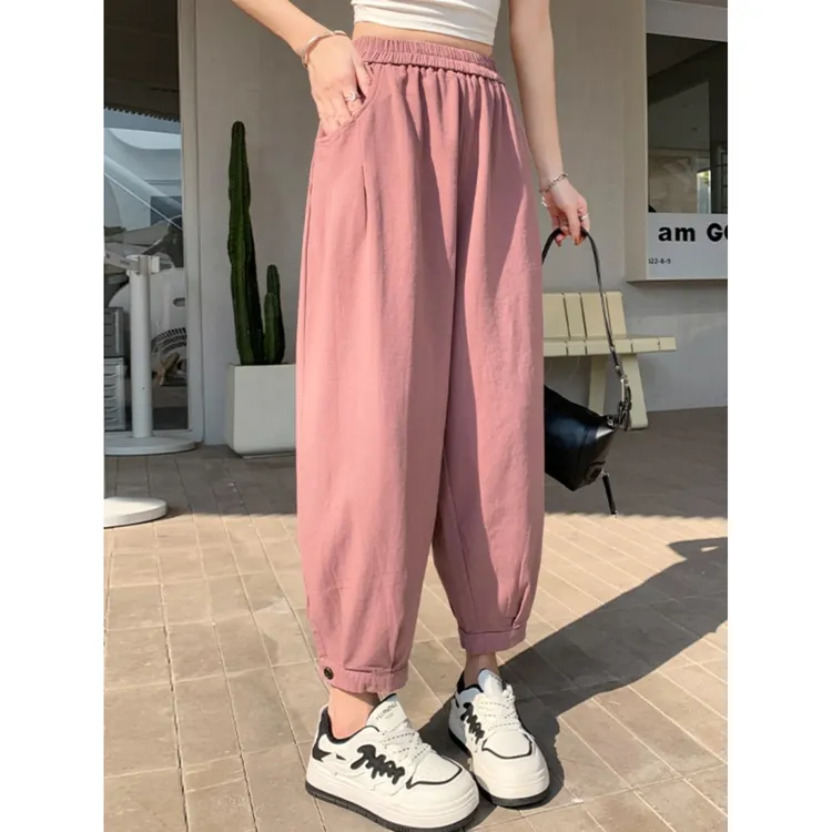 大码300斤胖mm夏季薄款显瘦束脚哈伦裤女韩版高腰遮臀九分萝卜裤