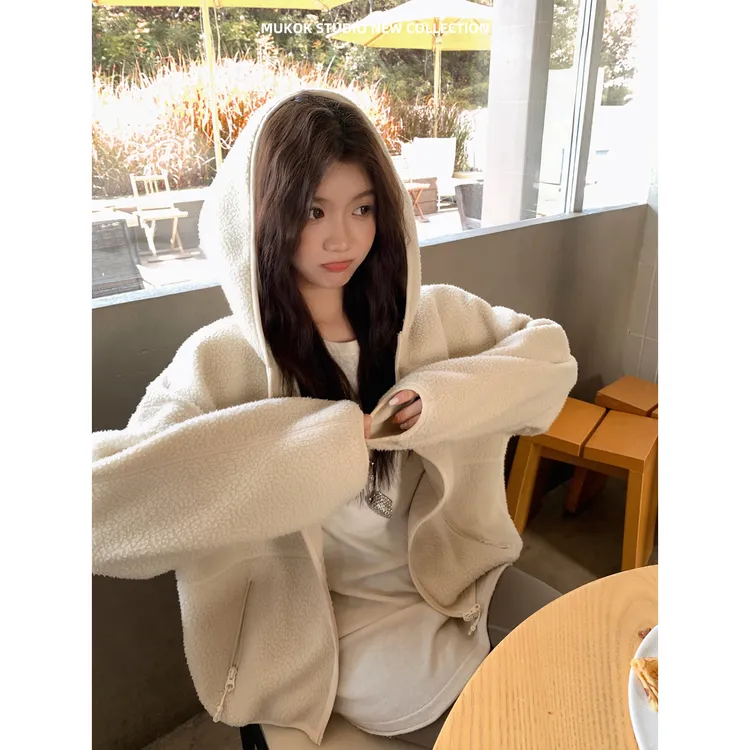 MUKOK 半永久私服毛绒fufu软糯松弛感宽松连帽卫衣外套女