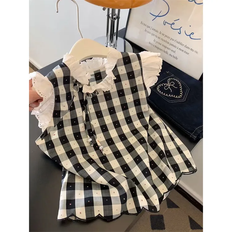 蕾丝花边拼接黑白格子无袖衬衫女2025夏季新款高级感减龄短袖上衣