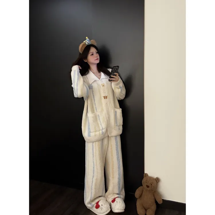 可爱卡通条纹半边绒睡衣女秋冬新款保暖加绒加厚家居服套装可外穿