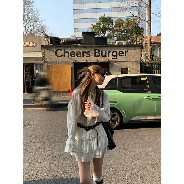 韩系休闲百搭时尚气质设计感长袖衬衫上衣高腰修身显瘦a字半身裙