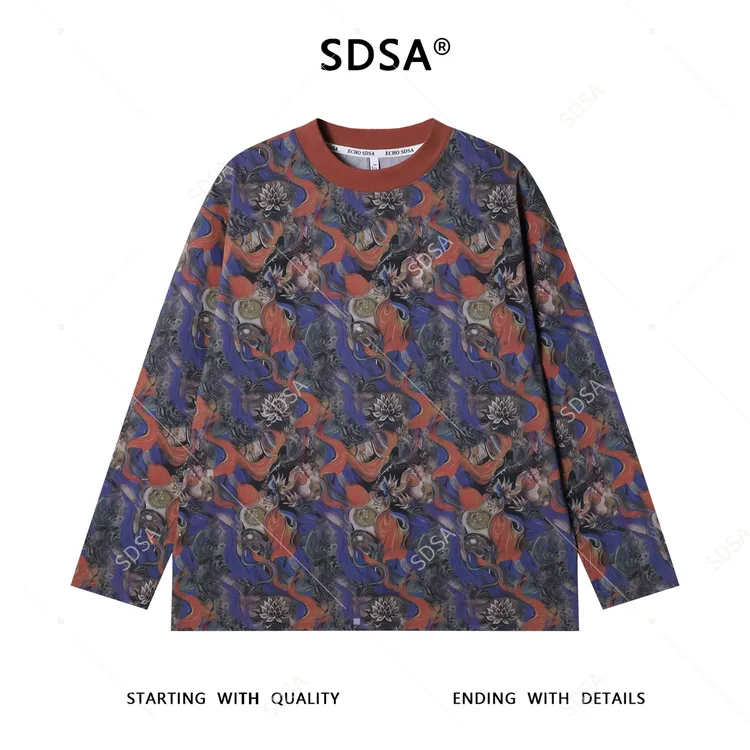 SDSA男士秋冬新款痞帅男装美式油画撞色花卉圆领长袖T恤百搭潮牌
