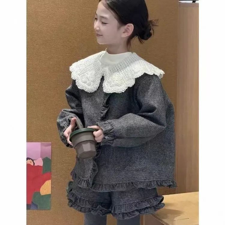 女童小香风套装冬季26新款韩版儿童蕾丝大翻领加棉加厚上衣两件套