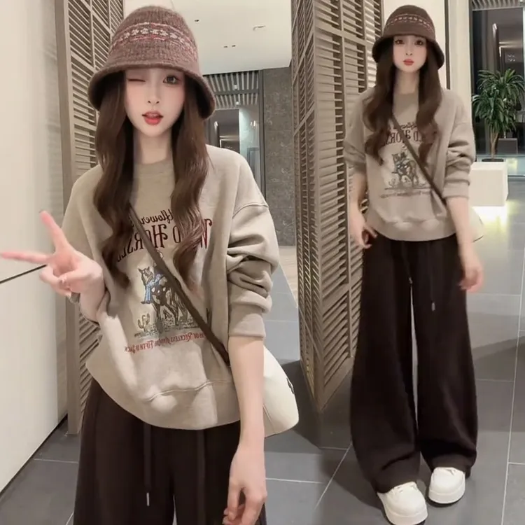 时尚休闲套装女2026秋季新款洋气字母印花卫衣阔腿裤运动服两件套