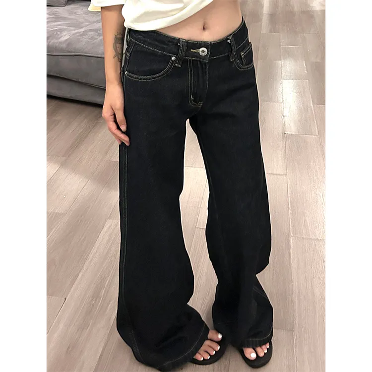 丹宁蓝低腰牛仔裤女2025秋季新款高腰显瘦宽松直筒阔腿拖地长裤子
