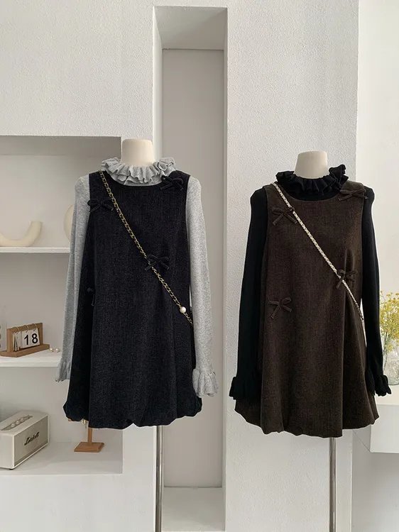 蝴蝶结花苞背心连衣裙女秋冬叠穿花边领长袖毛衣两件套小个子时尚