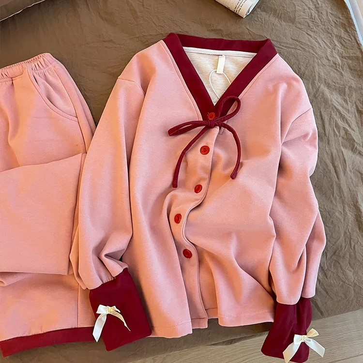 【DMXJ大梦想家】可爱甜美慵懒蝴蝶结德绒睡衣女秋冬加绒保暖套装