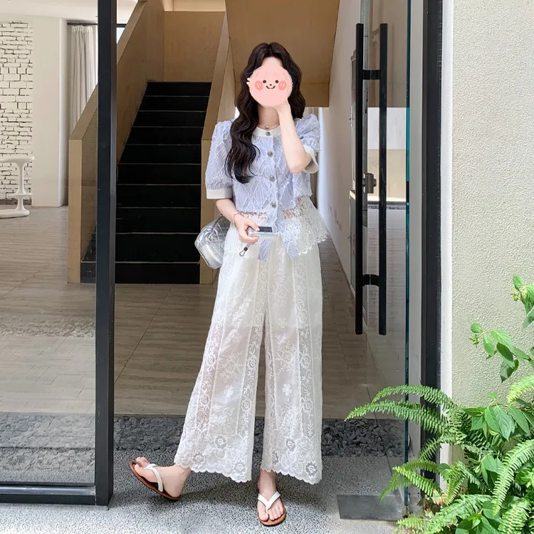夏季穿搭大方得体气质套装裤女2025新款镂空蕾丝上衣阔腿裤两件套