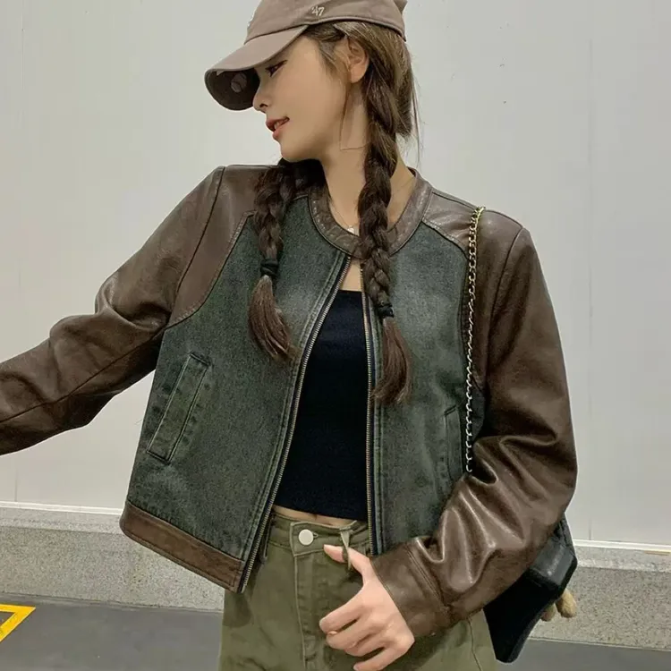 pu拼接牛仔短外套夹克女上衣洋气设计感秋季大码休闲运动外套6088