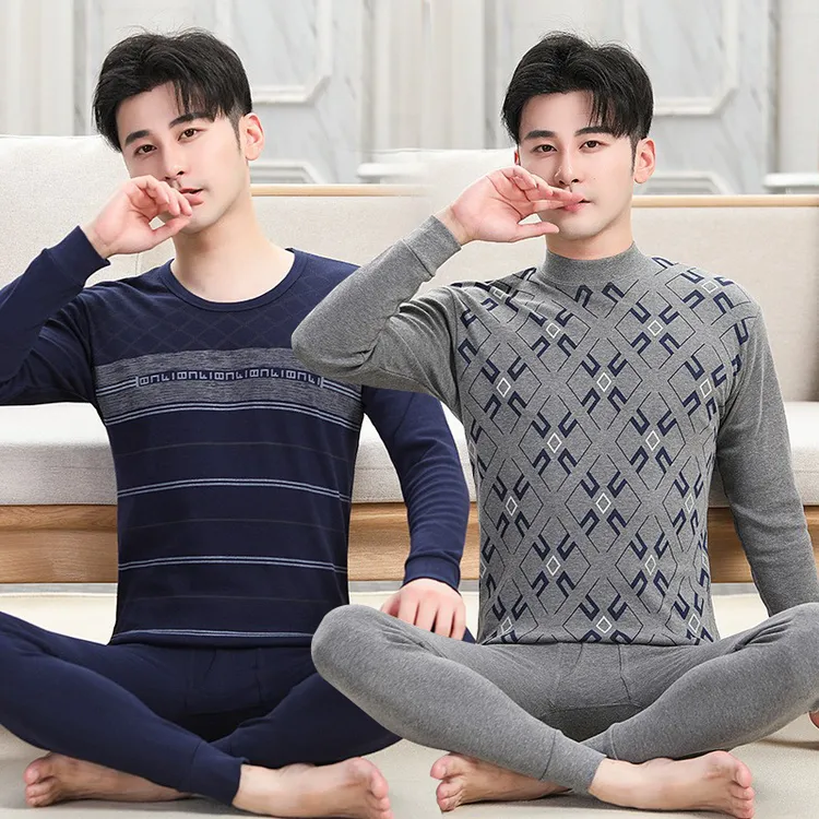 中老年男士纯棉秋衣秋裤套装爸爸中领全棉打底衫红色薄款保暖内衣