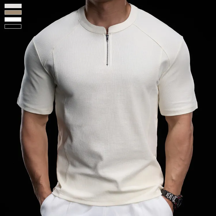 霸道肌肉男夏季圆领半拉链短袖运动健身纯色透气时尚百搭短袖上衣