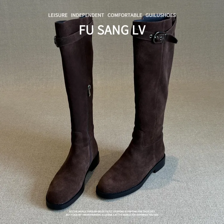羊皮版~2025新款法式洋气圆头银扣绒面高筒长靴女真皮粗跟骑士靴
