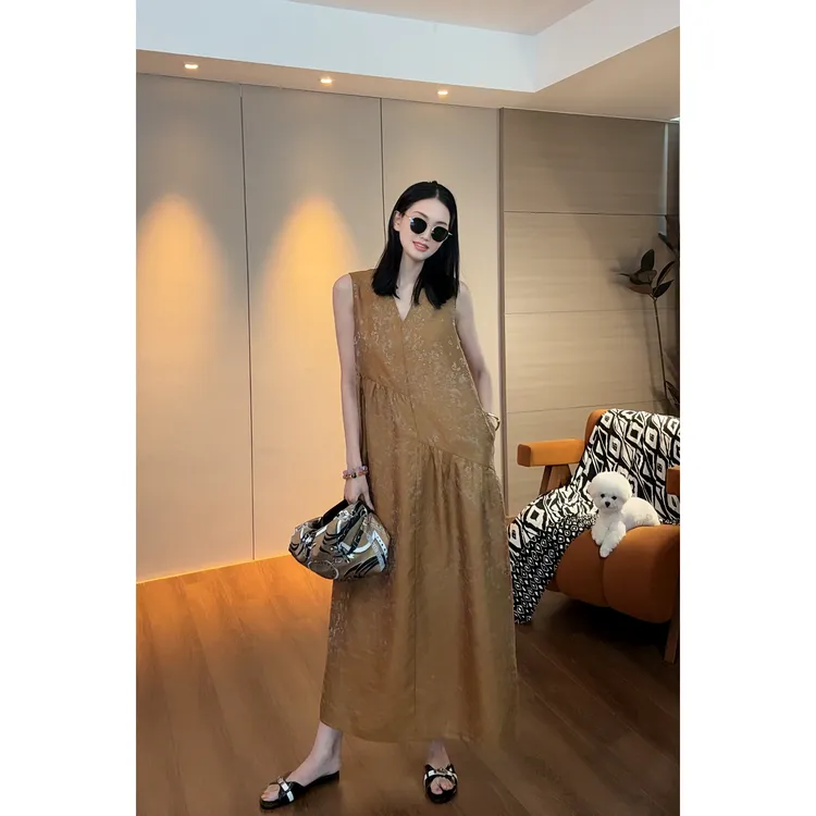 紫紫 意式优雅 古金系列Vintage印花浮雕无袖连衣裙女ZD03LZHJ819